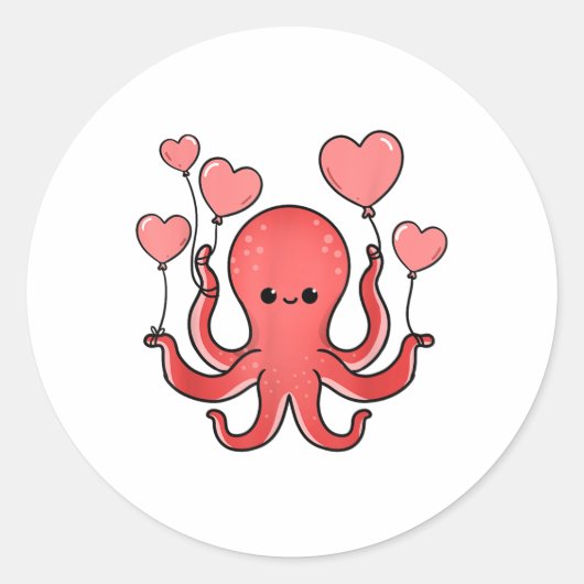 Sticker Rond Pieuvre Avec Ballons Coeurs Valentines Jour Octopu (Devant)