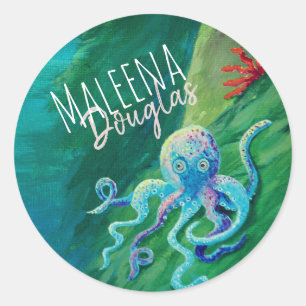 Sticker Rond Pieuvre bleue et verte, créature marine de l'océan