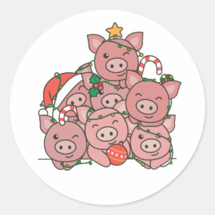 Sticker Rond Pig Christmas Tree Funny Animal Christmas