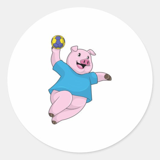 Sticker Rond Pig en tant que joueur de handball avec Handball (Devant)