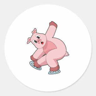 Sticker Rond Pig Patinage sur glace Patins sur glace