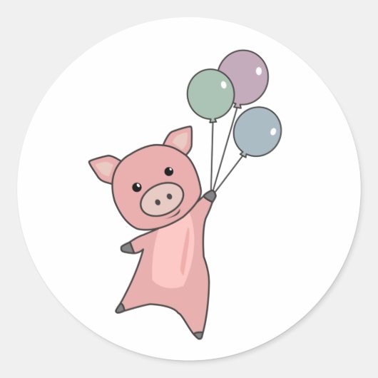 Sticker Rond Pig Piglet Ballons mouches mignons animaux (Devant)