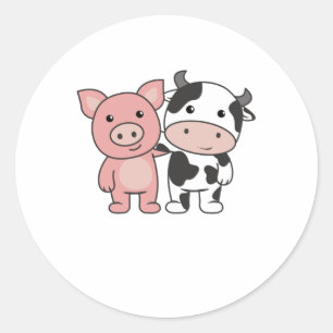 Sticker Rond Pig Vache Piggy Cute Animaux de ferme