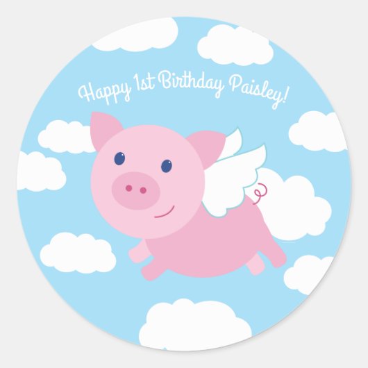 Sticker Rond Pig volant mignon 1er anniversaire Merci (Devant)
