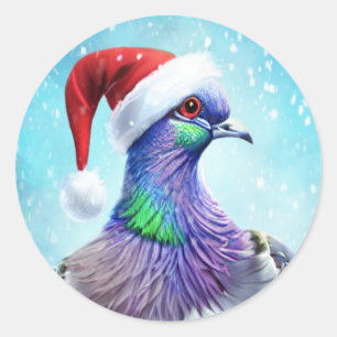 Sticker Rond Pigeon de Santa Hat à Falling Snow Christmas