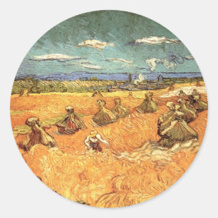 Sticker Rond Pile de blé avec faucheuse par Vincent van Gogh