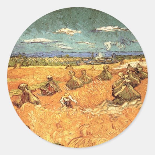 Sticker Rond Pile de blé avec faucheuse par Vincent van Gogh (Devant)