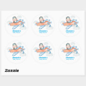 Sticker Rond Pilote de pingouin de Baby shower blanc bleu (Feuille)