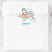 Sticker Rond Pilote de pingouin de Baby shower blanc bleu (Sac)