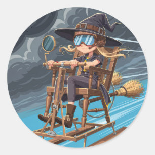 Sticker Rond Pilote de sorcière adorable