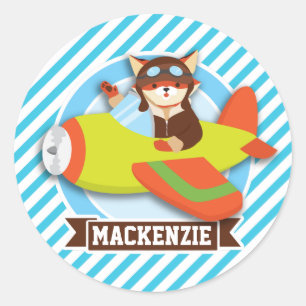 Sticker Rond Pilote Fox en avion vert et orange; Bleus
