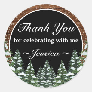 Sticker Rond Pin de la Forêt de Neige Noire Merci d'anniversair