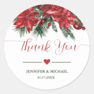 Sticker Rond Pin rouge Poinsettia vert Mariage Merci