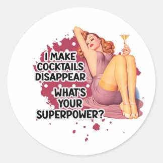 Sticker Rond Pin-up Fille Boire Humour Rétro femme au foyer