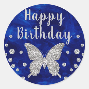 Sticker Rond Pinceau bleu royal Papillon argenté Anniversaire