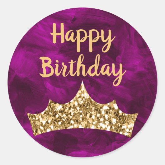 Sticker Rond Pinceau violet et couronne d'or Anniversaire (Devant)
