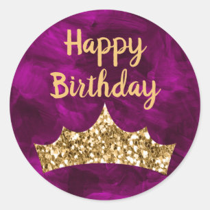 Sticker Rond Pinceau violet et couronne d'or Anniversaire