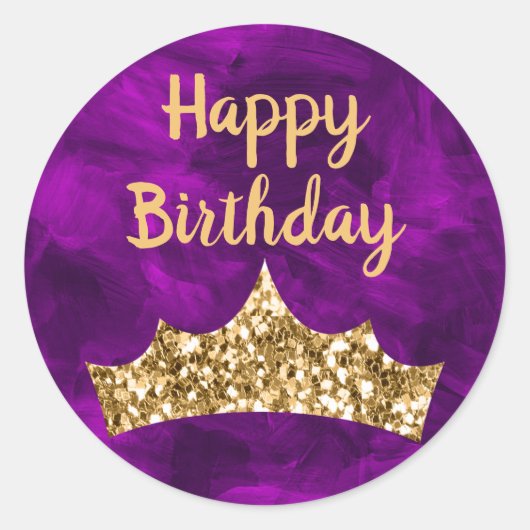 Sticker Rond Pinceau violet et couronne d'or Anniversaire (Devant)