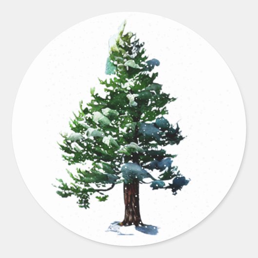 Sticker Rond Pine Arbre avec Aquarelle de neige Peinture Noël (Devant)
