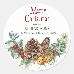 Sticker Rond Pine Cone Jingle Bells Noël Adresse de retour