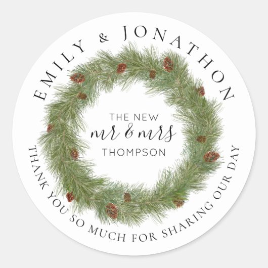 Sticker Rond Pine Cone Wreath Noms Mariage de Noël Merci (Devant)