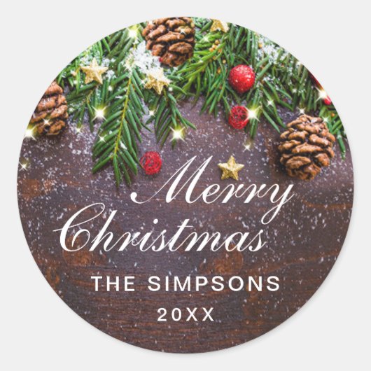 Sticker Rond Pine Cônes Branche Russe Joyeux Noël Fêtes (Devant)