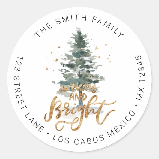 Sticker Rond Pine Tree Christmas Joyeux & Bright Adresse de ret (Devant)