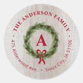 Sticker Rond Pine Wareath Monogram Holiday Adresse de retour (Devant)