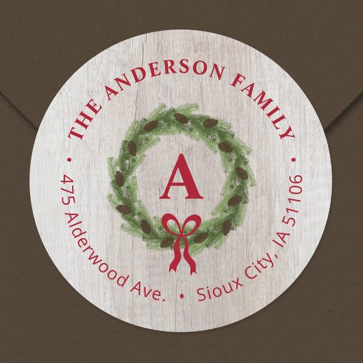 Sticker Rond Pine Wareath Monogram Holiday Adresse de retour