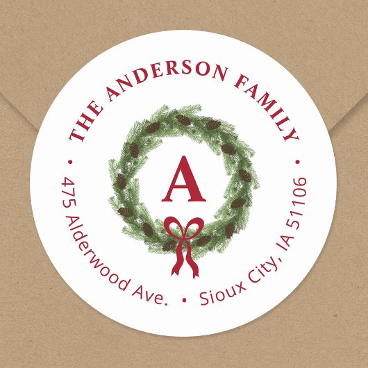 Sticker Rond Pine Wareath Monogram Holiday Adresse de retour