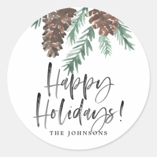 Sticker Rond Pinecone Aquarelle Joyeux Vacances Nom de famille (Devant)