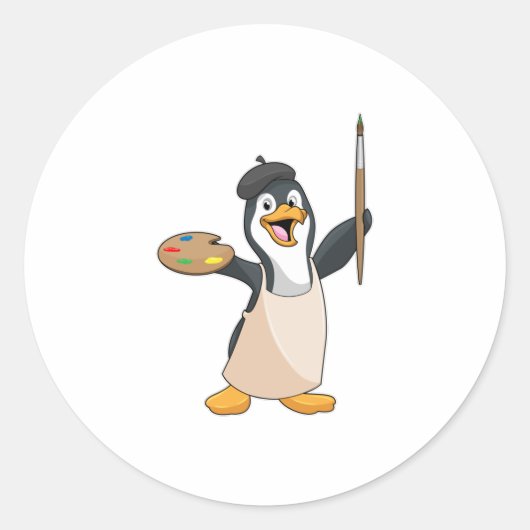 Sticker Rond Pingouin as Painter with Paint brush & Colour (Devant)