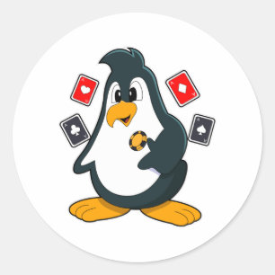 Sticker Rond Pingouin au Poker avec cartes de Poker