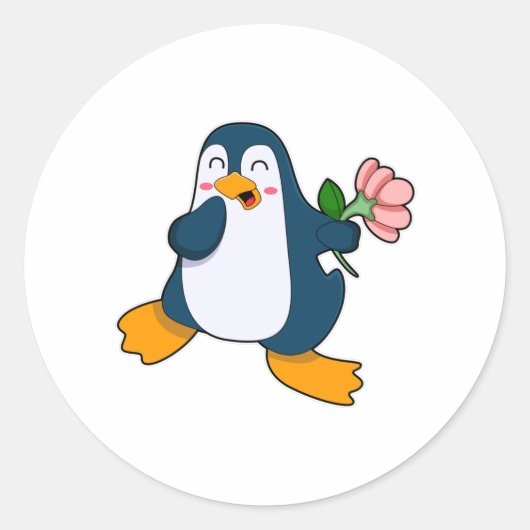 Sticker Rond Pingouin avec fleur de rosa (Devant)