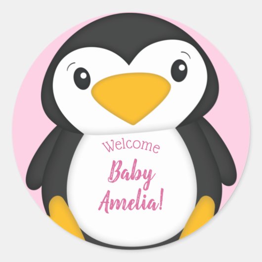 Sticker Rond Pingouin Baby shower fille rose (Devant)