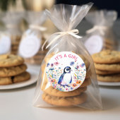 Sticker Rond Pingouin bébé en fleurs C'est une fille | BABY SHO