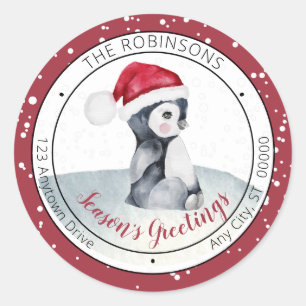 Sticker Rond Pingouin bébé Famille de Bonnes Fêtes de Santa H