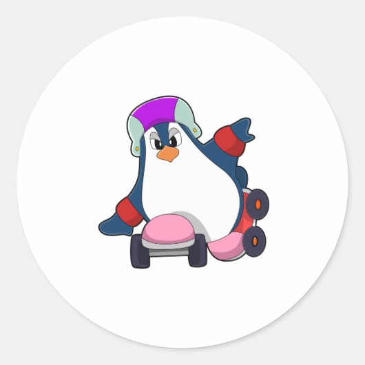 Sticker Rond Pingouin comme Patineur Inline avec Patins Inline (Devant)