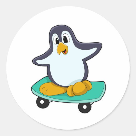 Sticker Rond Pingouin comme patineur sur skateboard (Devant)