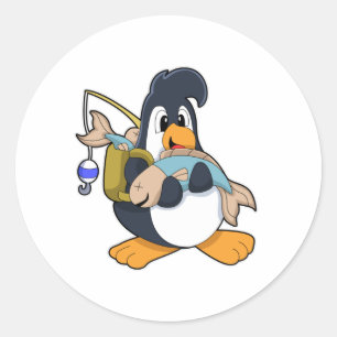 Sticker Rond Pingouin comme pêcheur avec poisson