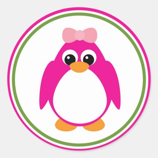 Sticker Rond Pingouin de fille en rose et vert (Devant)