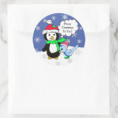 Sticker Rond Pingouin de Noël et Oiseau bleu neigeux (Sac)