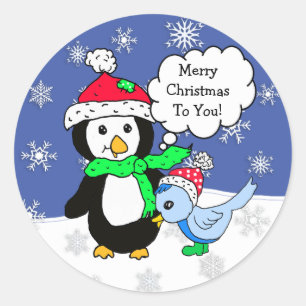 Sticker Rond Pingouin de Noël et Oiseau bleu neigeux