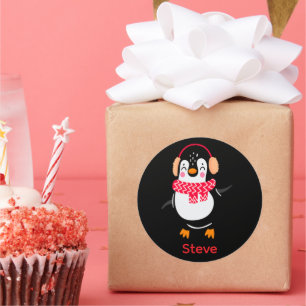 Sticker Rond Pingouin de Noël Jolly en écharpe avec des bouffée
