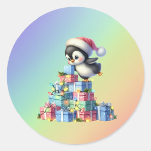 Sticker Rond Pingouin de Noël mignon avec carte cadeau et lumiè