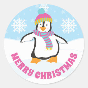 Sticker Rond Pingouin de Noël rose et bleu Casquette