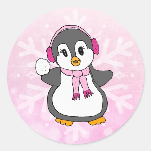 Sticker Rond Pingouin de Noël rose mignon avec Snowball Holiday (Devant)