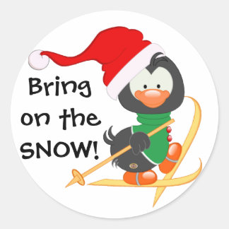 Sticker Rond Pingouin de Noël Ski neige