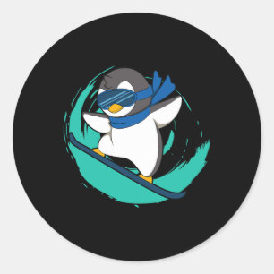 Sticker Rond Pingouin D'Hiver Sur Snowboard Snowboard