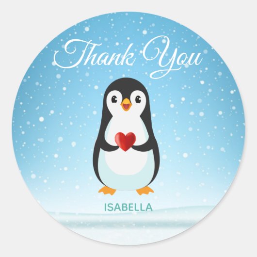 Sticker Rond Pingouin mignon avec coeur sur bleu clair (Devant)